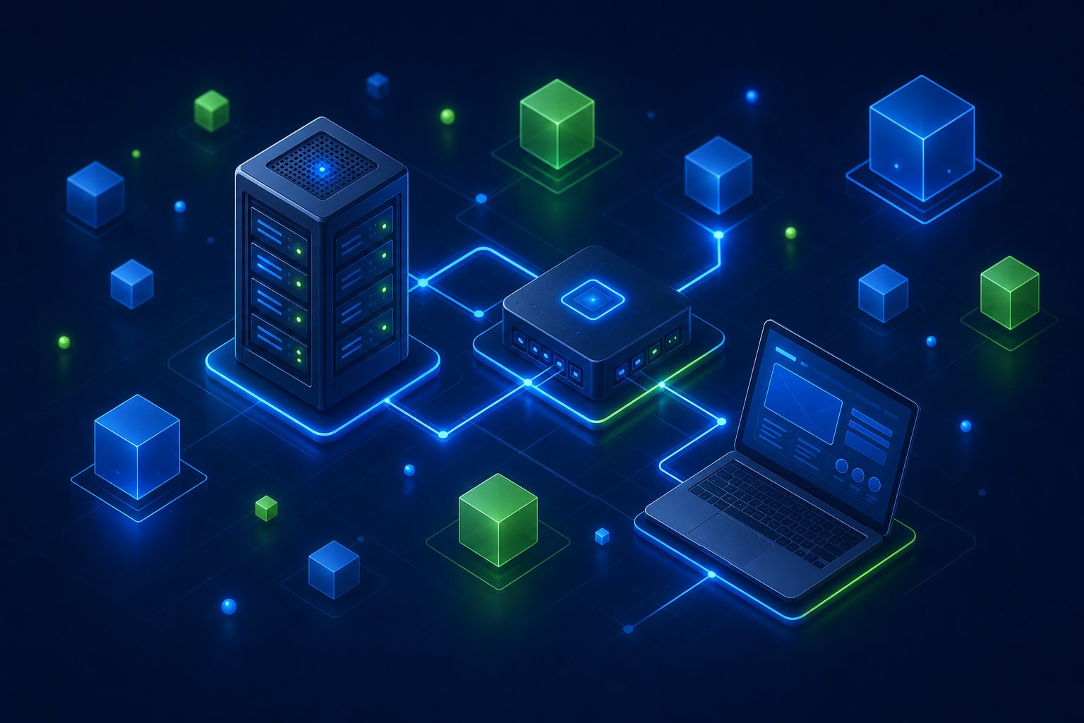 Isometric illustration of Easynet's connected IT services: servers, network, cloud and automation